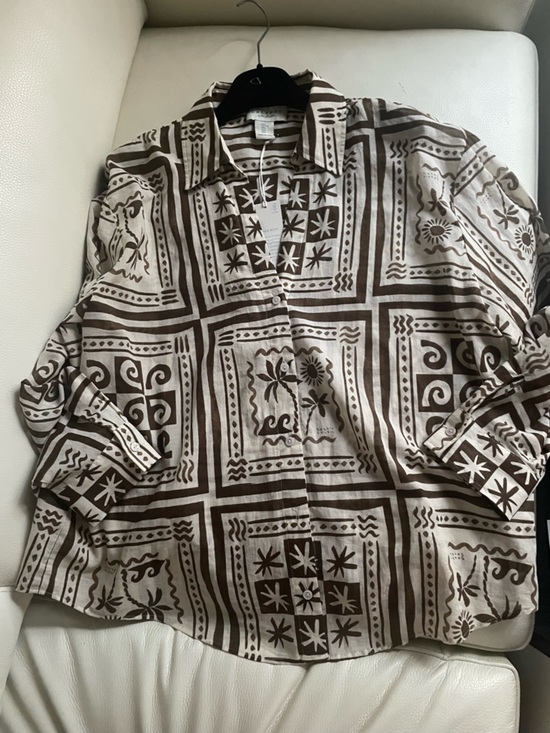 New Calypso St. Barth resort Print Cream/Brown Button Down Shirt Top Cotton Sz L - Picture 4 of 10